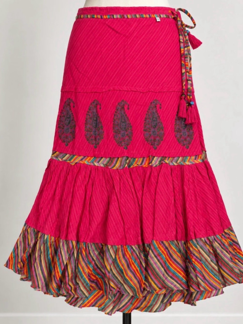 Bohemian Pink Tiered Maxi Skirt with Paisley Motif